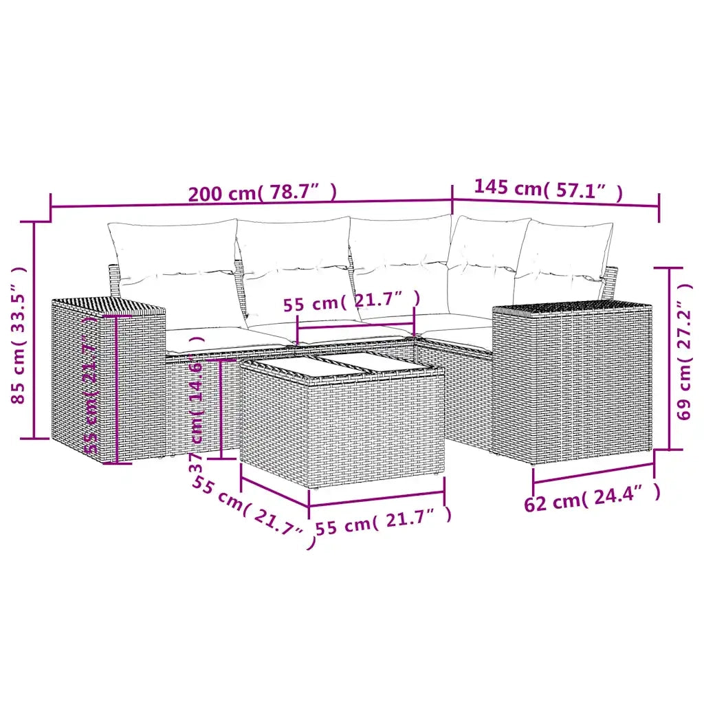 Set Divani da Giardino 5 pz con Cuscini Marrone in Polyrattan 3222523