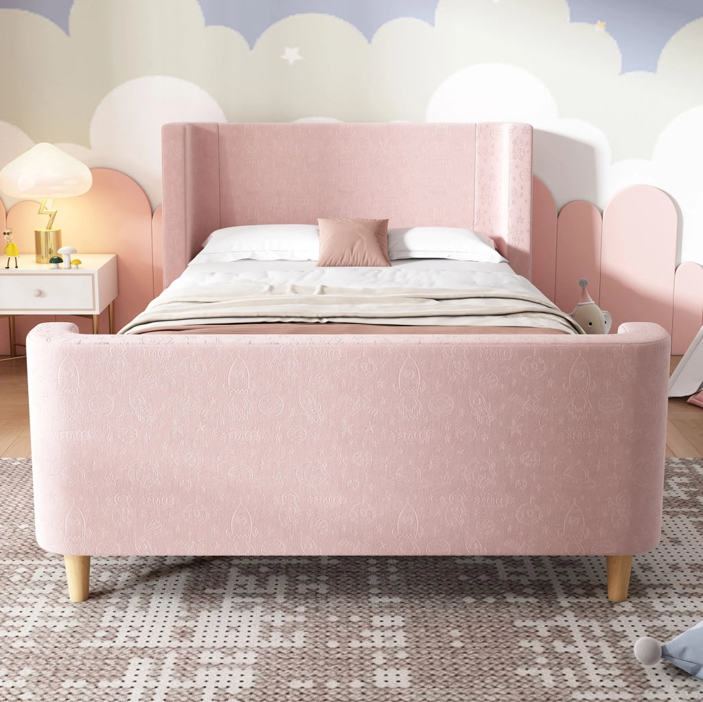 Letto Singolo per Bambini 90x200 cm in Velluto Rosa con Struttura a Slitta e Motivo Cosmico
