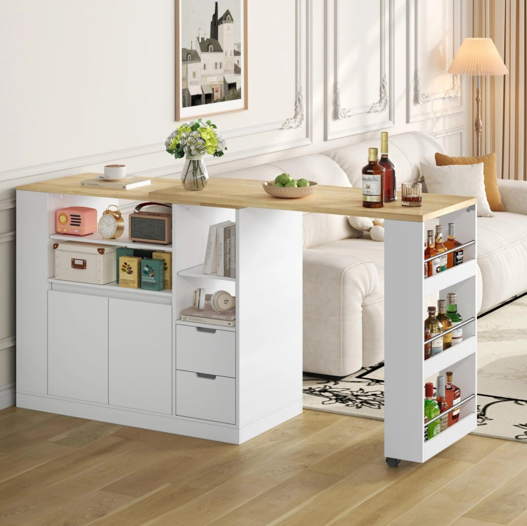 Isola cucina 115x50x92 cm con piano girevole estraibile; 2 cassetti e ripiani bianco/naturale HOMVRA