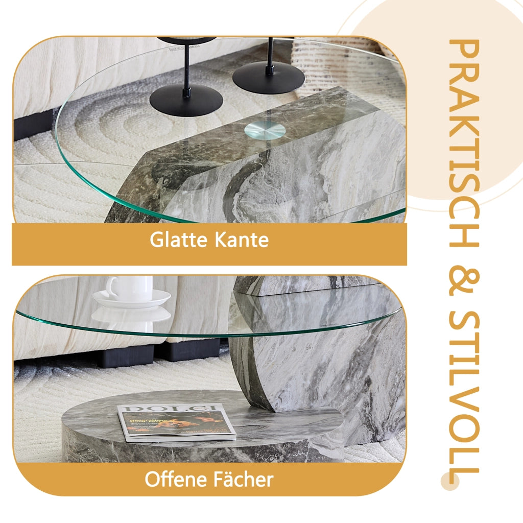 Tavolino basso fisso a due livelli con vetro di sicurezza e base effetto marmo grigio 78.5 × 78.5 × 24.5 cm