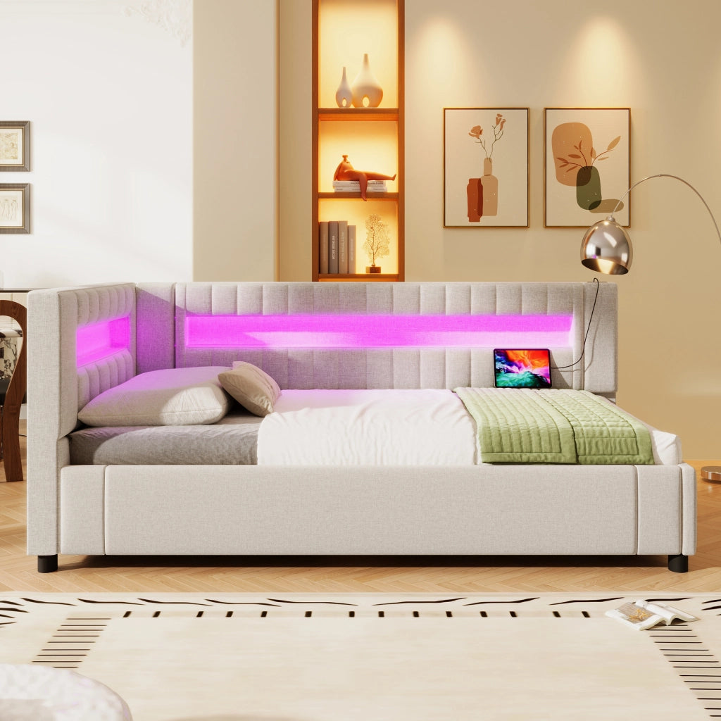 Letto divano 90x200 cm con contenitore con contenitore idraulico; LED; luce ai piedi; USB e Type-C; lino; beige