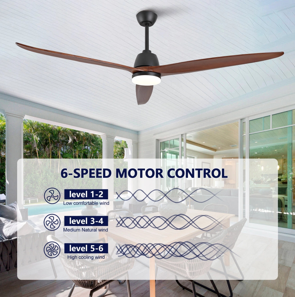 Ventilatore da soffitto 72" con LED dimmerabile; 3 pale in acero massello; nero e noce scuro