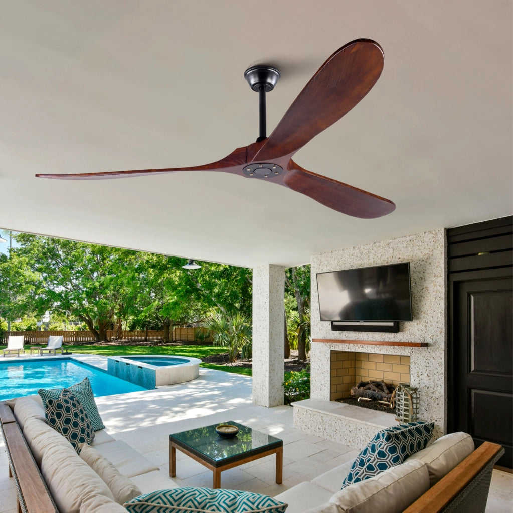 Ventilatore da soffitto senza luce con pale in legno; 6 velocità; nero e noce scuro