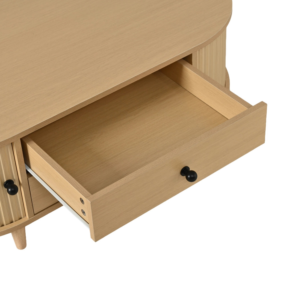 Tavolino da salotto 100x50 cm con 2 cassetti e ante avvolgibili; MDF effetto legno naturale HOMVRA