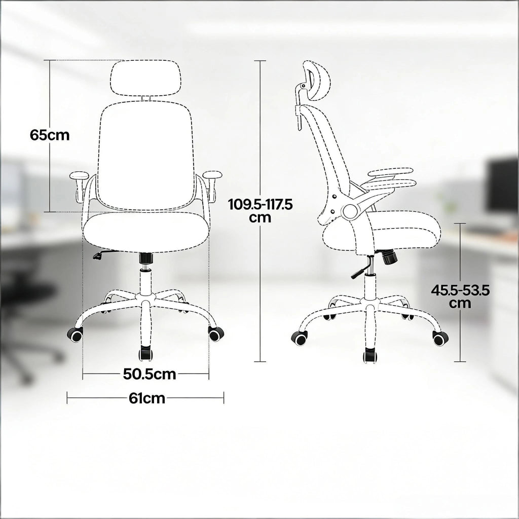 Sedia da ufficio ergonomica con schienale alto, supporto lombare e braccioli in rete blu