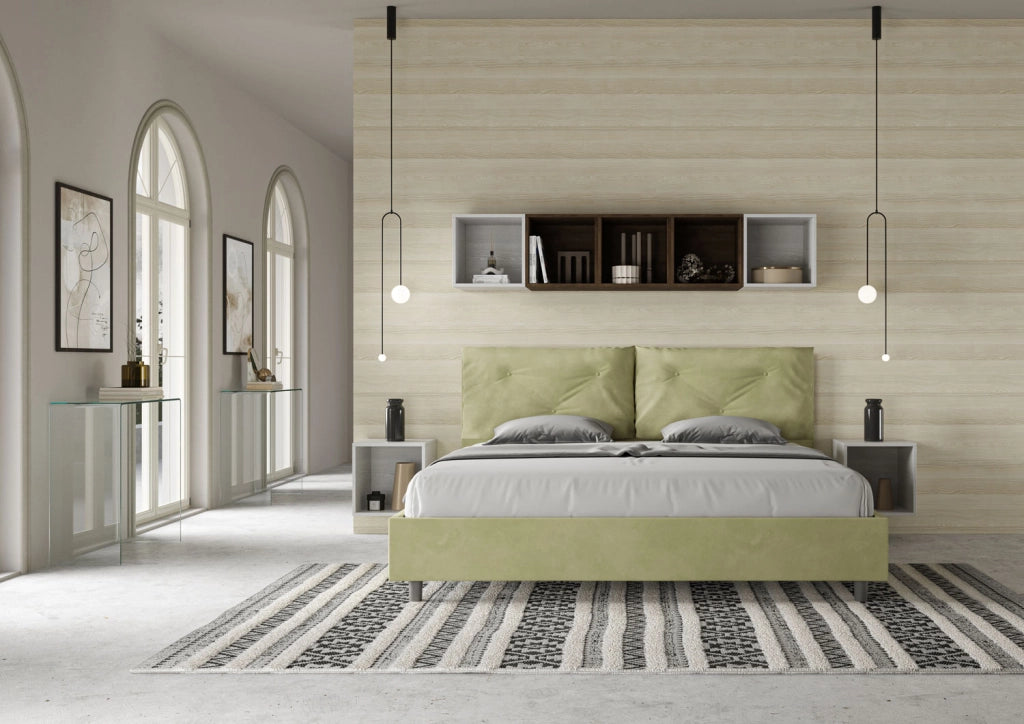 BS COM Letto matrimoniale king size contenitore imbottito 200x210 microfibra tè verde