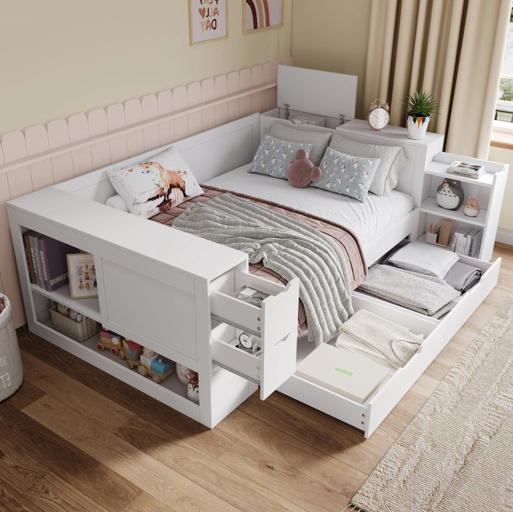 Letto multifunzione in MDF con contenitore, cassetti e comodino integrato