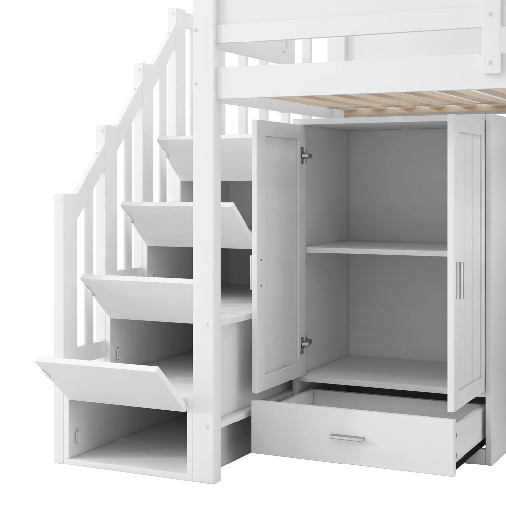 Letto a soppalco 90 × 200 cm con scrivania scaffali armadio scala contenitore LED rete a doghe legno MDF bianco