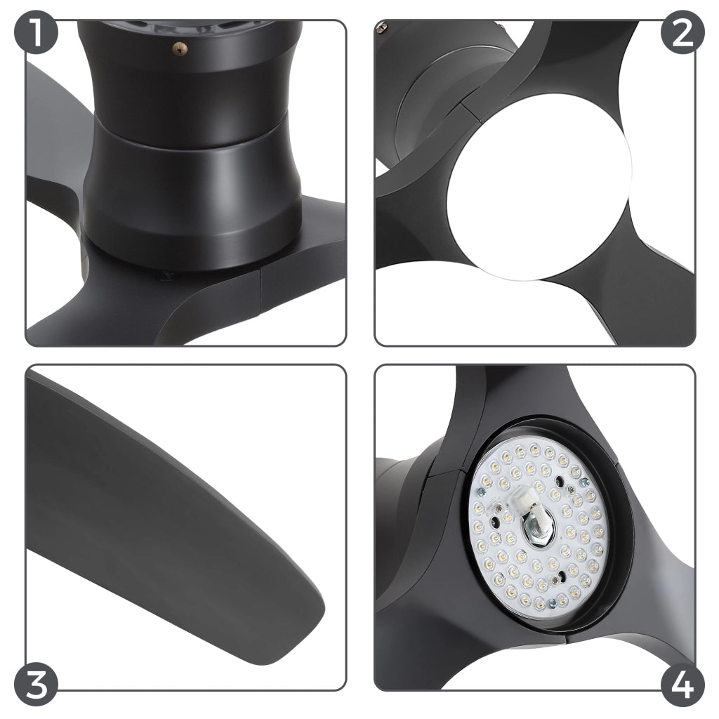 Ventilatore da soffitto a profilo basso con luce LED dimmerabile; motore DC reversibile e telecomando a 6 velocità