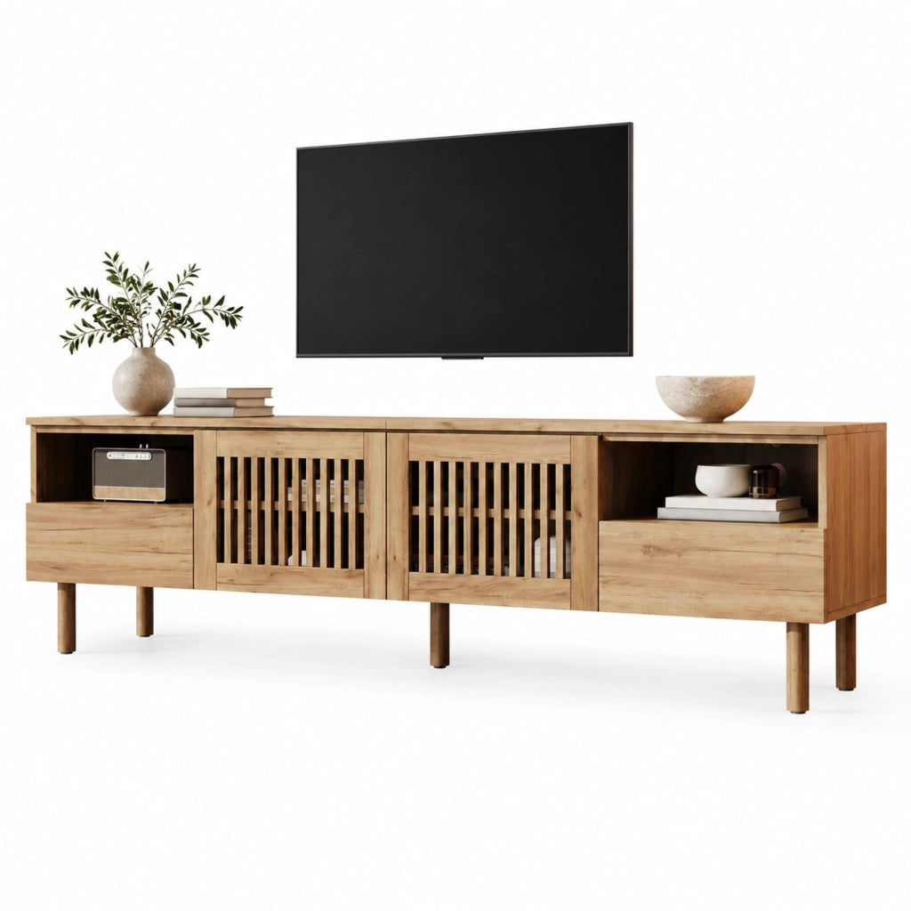 Mobile TV 180x40x51 cm con 2 ante a griglia e 2 cassetti effetto legno naturale HOMVRA