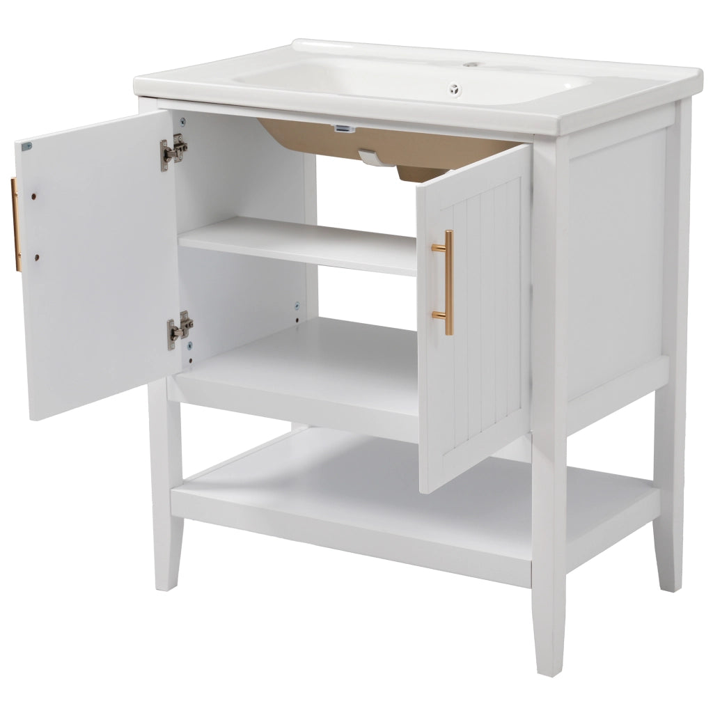 Mobiletto con lavabo in ceramica con mobile a terra in MDF bianco