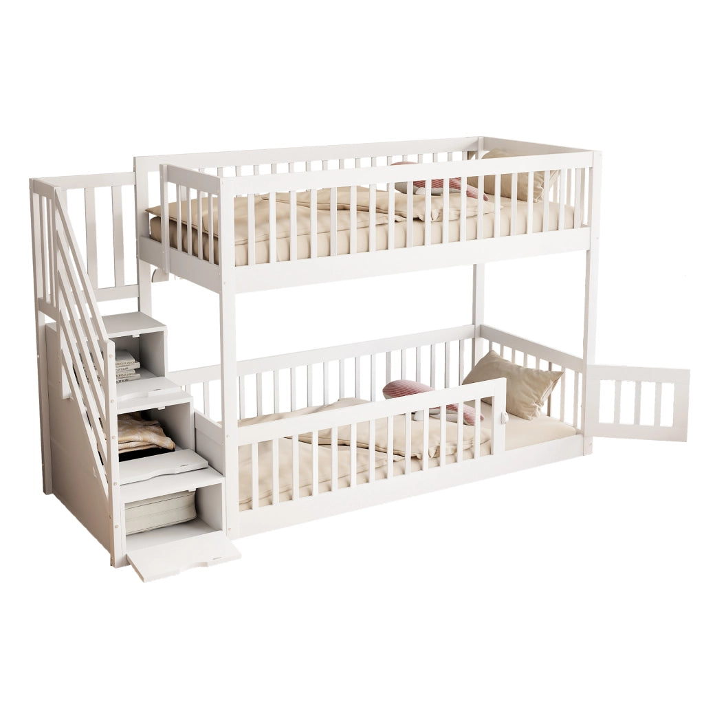 Letto a castello 90×200 cm, letto 2 posti con scala a cassetti, porta inferiore, senza materasso, bianco