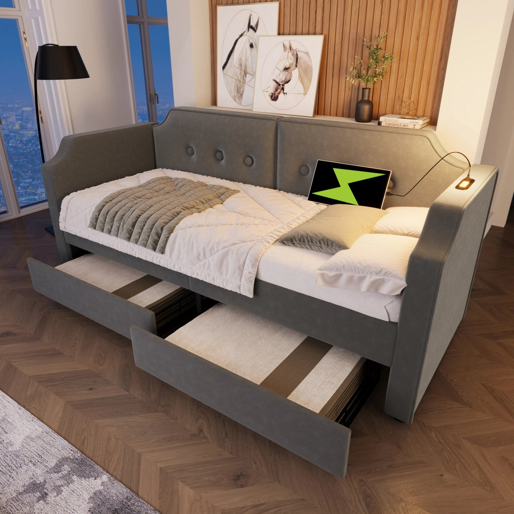 Divano letto singolo 90x200 con USB e luce di lettura; letto imbottito in velluto grigio con 2 cassetti