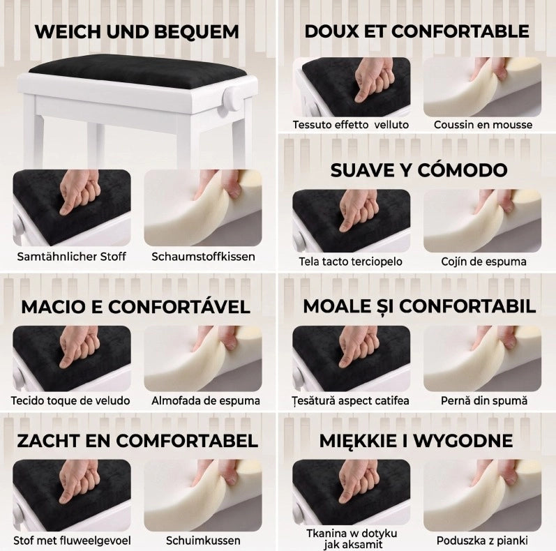 PANCA per Pianoforte Regolabile 61,5x33x45-56 cm Bianca e Nera