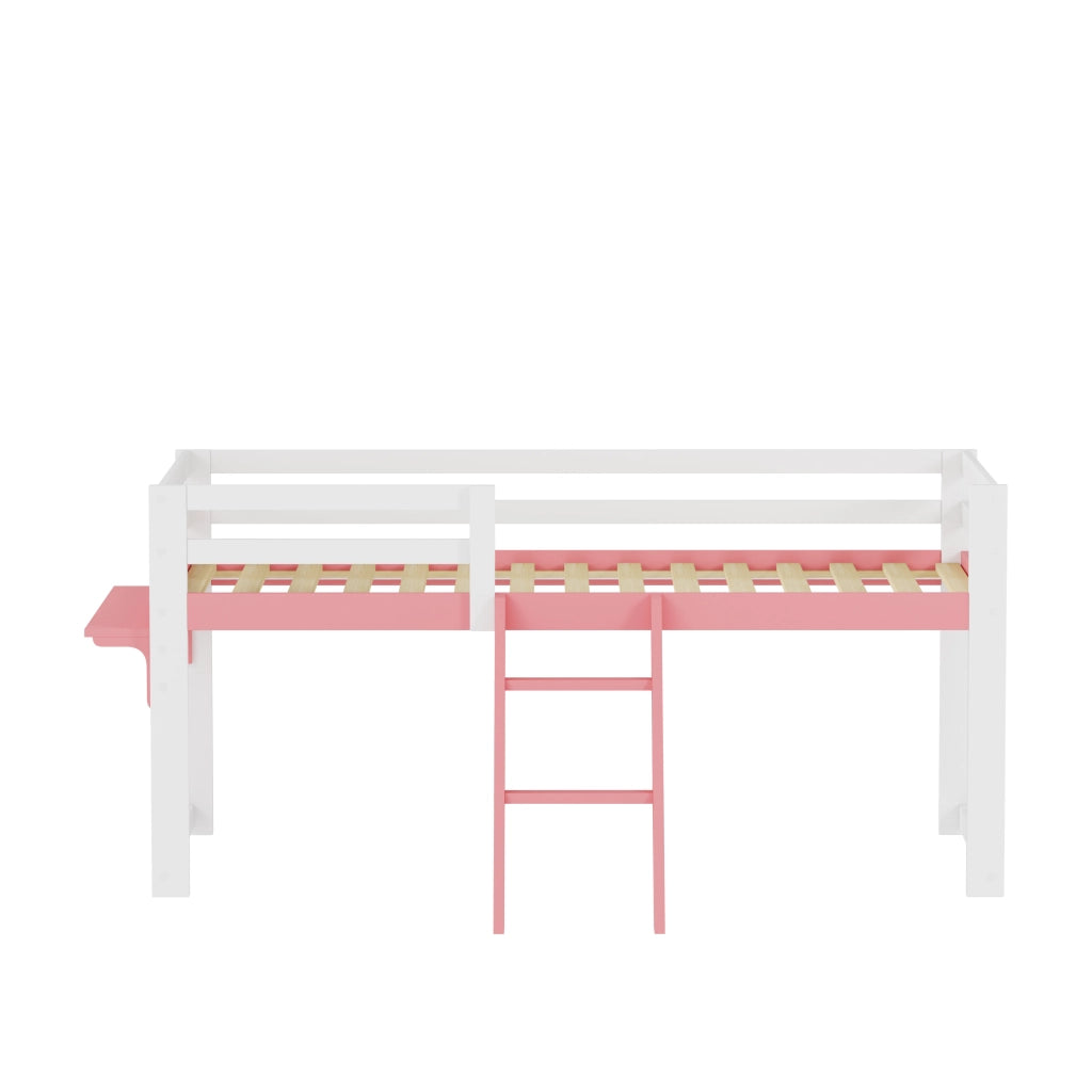 Letto a soppalco per bambini 90×200 cm con barriera, scala fissa e tavolino, senza materasso, bianco e rosa