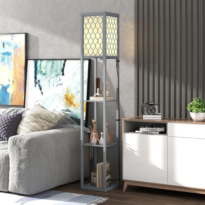 Lampada da terra con 3 ripiani, MDF grigio chiaro, dimensioni compatte 26x26x160 cm