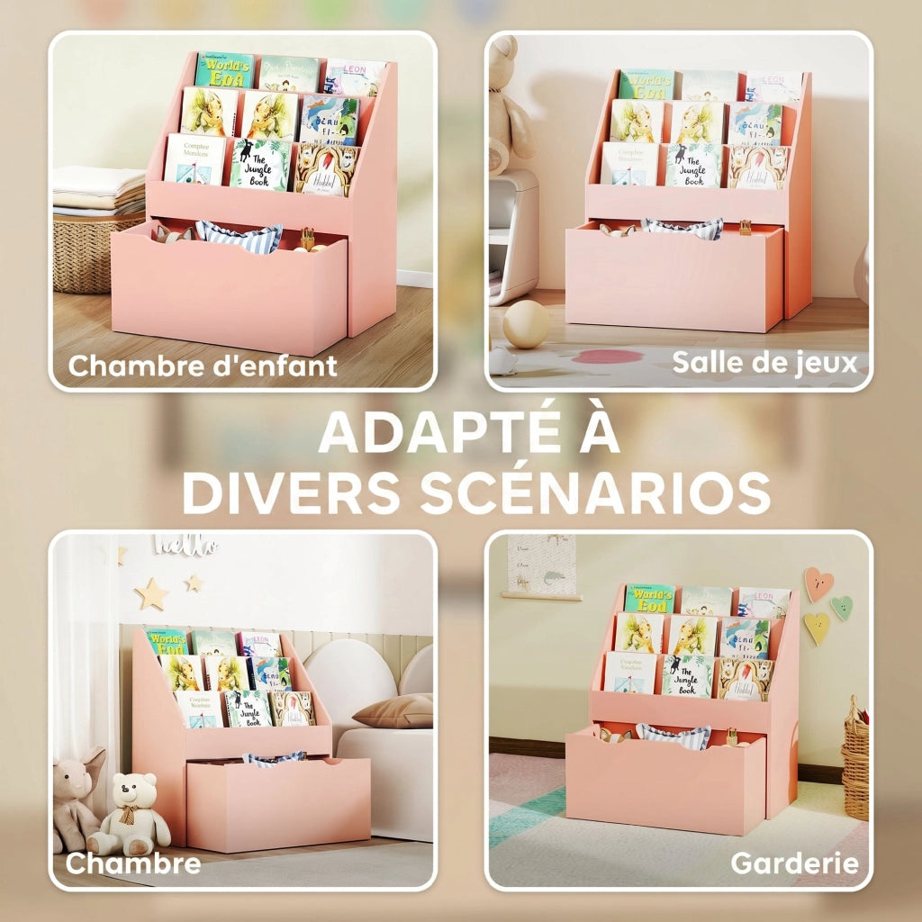 Libreria per Bambini Rosa Mobile Portaoggetti con 3 Ripiani e Cassetto Salvaspazio per Cameretta 62,5 x 30 x 70 cm
