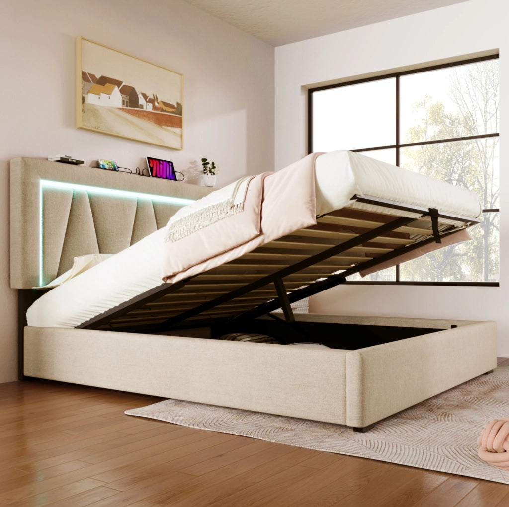 Letto imbottito LED 140x200 con porta USB e Type-C; contenitore; beige