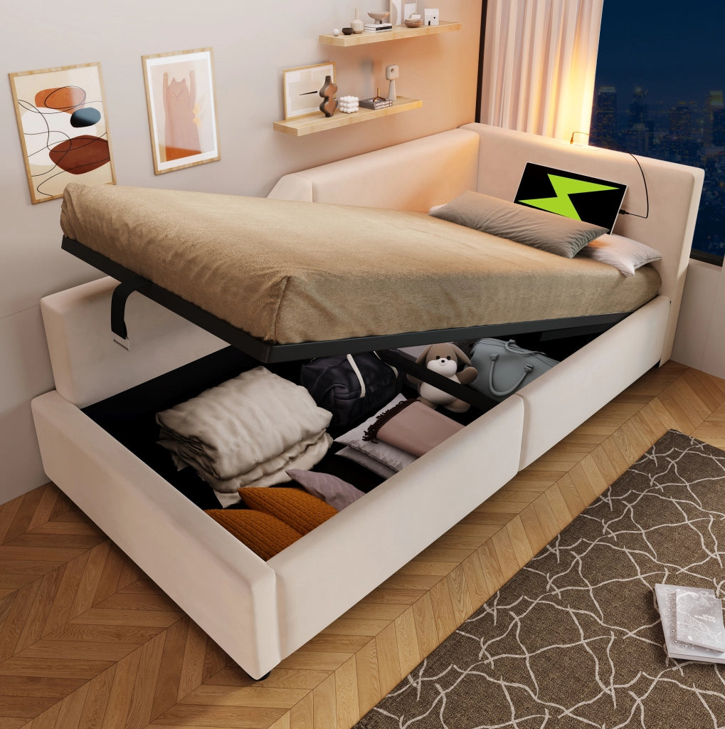 Letto a giorno 90x200 cm con contenitore; lampada da lettura e USB C; velluto beige