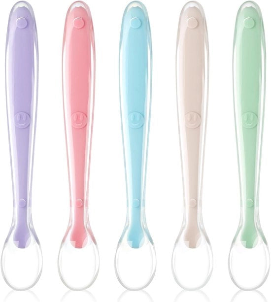 Set di cucchiai in silicone per bambini - Cucchiai per neonati - Senza BPA e morbidi - Multicolore - Cucchiai per iniziare per bambini - Adatti per bambini - 5 pezzi.