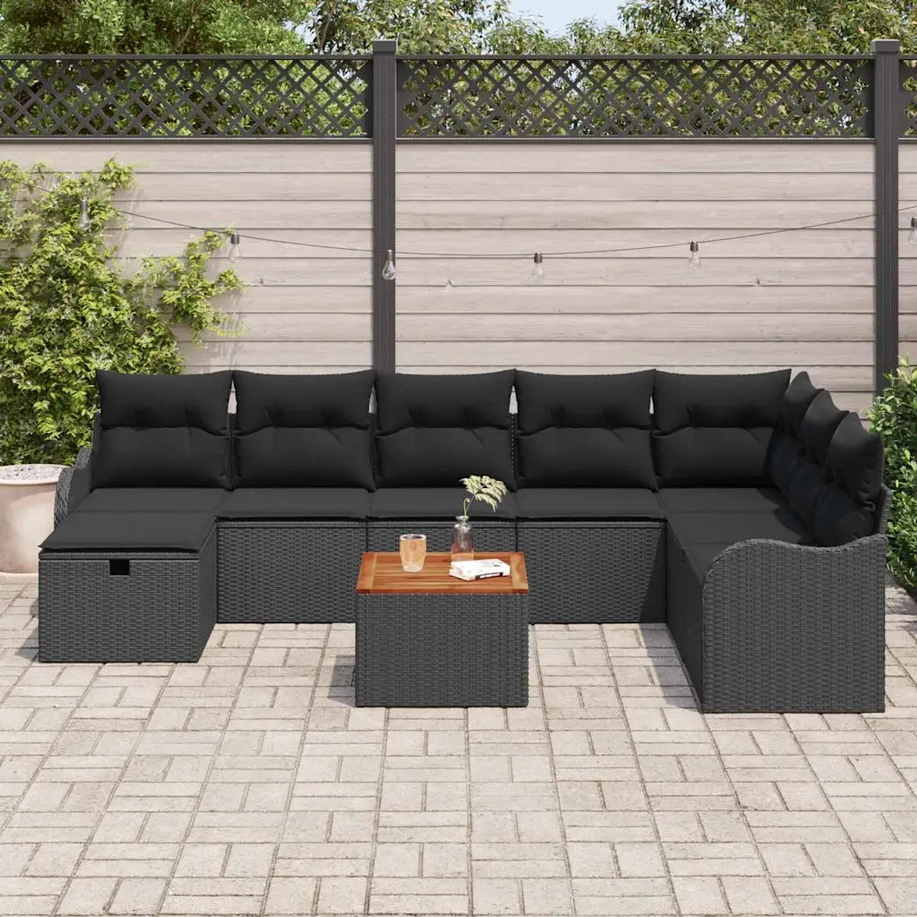 Set Divano da Giardino con cuscino 9 pcs Nero polyrattan