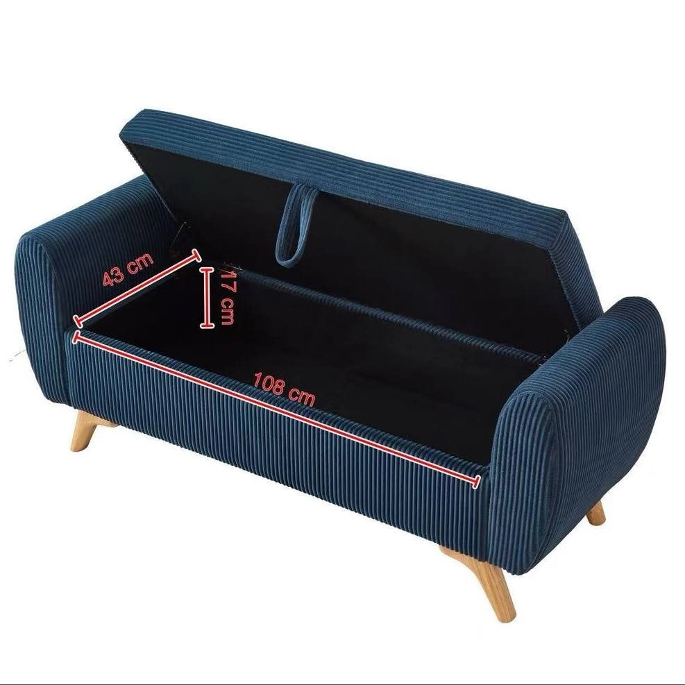 PANCA Contenitore Pieghevole in Velluto a Coste Blu con Gambe in Legno