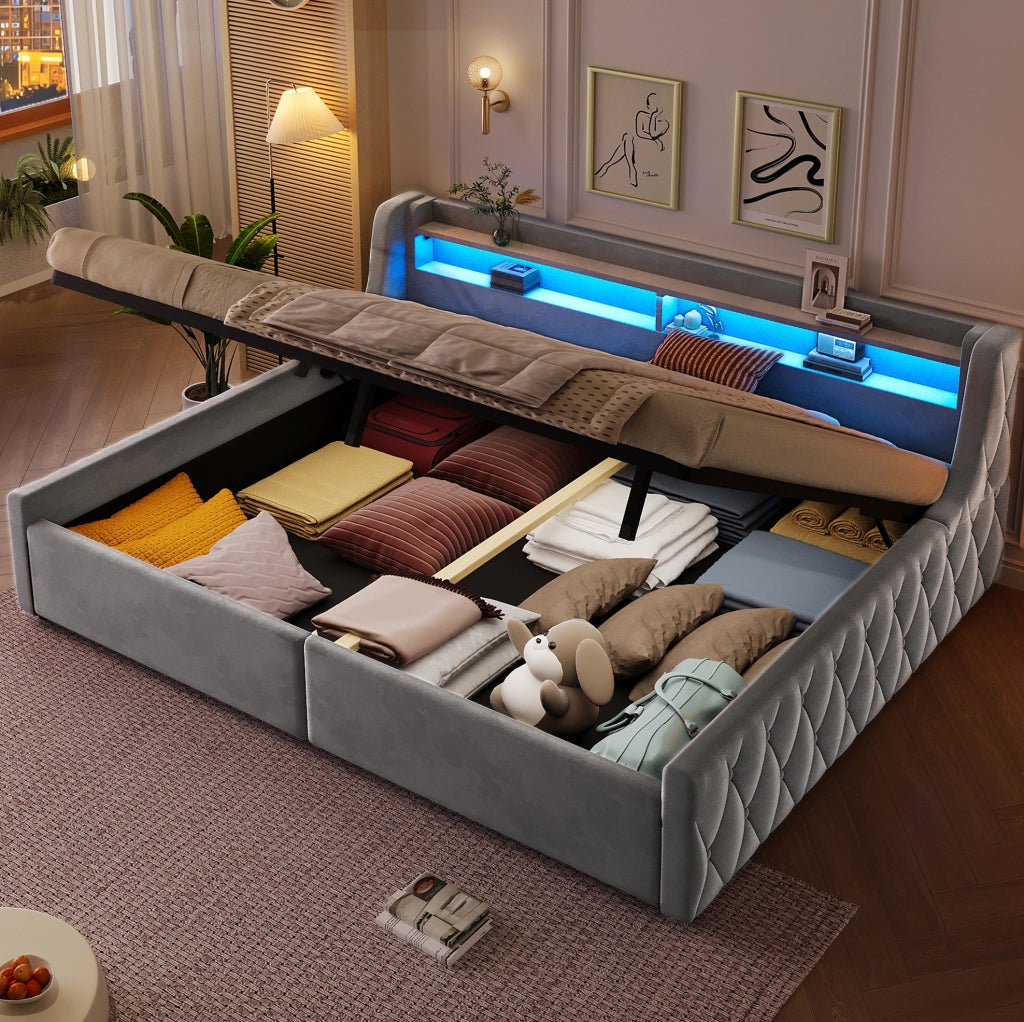 Letto imbottito 140 x 200 cm con vano contenitore e testiera LED; grigio