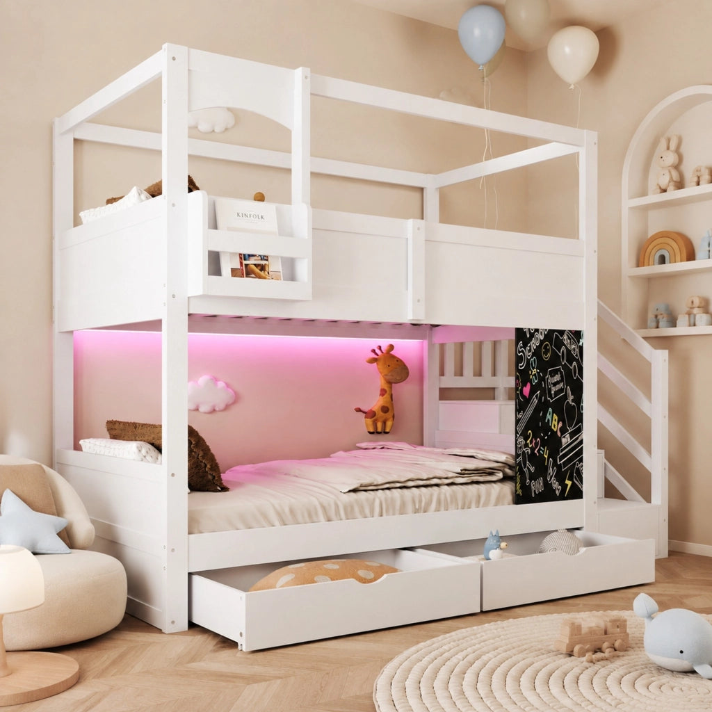 Letto a castello per bambini 90x200 cm in legno con scala contenitore; cassetti e lavagna bianco HOMVRA