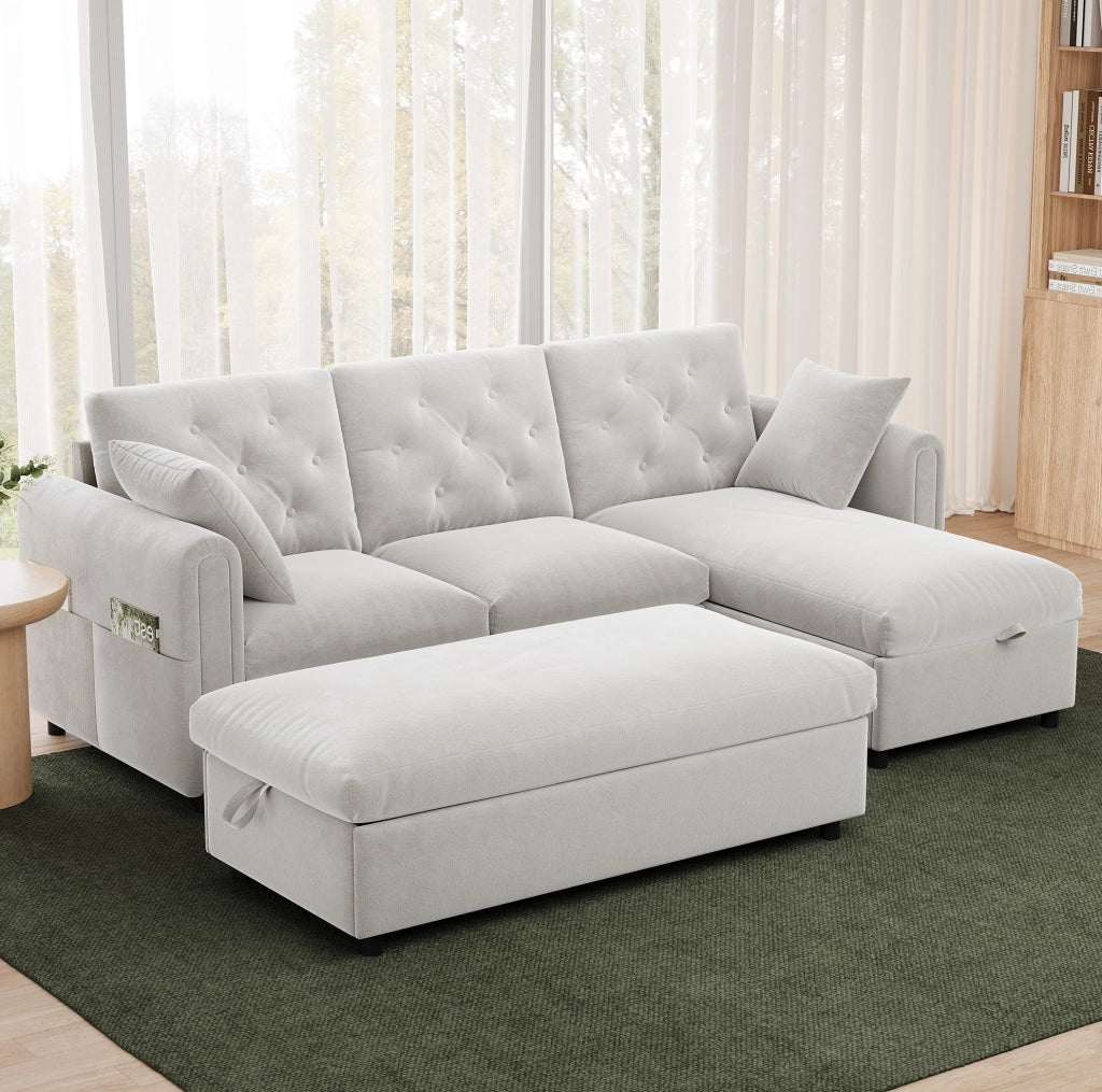 Divano moderno beige con chaise longue reversibile e pouf contenitore, 219 x 131 x 86 cm
