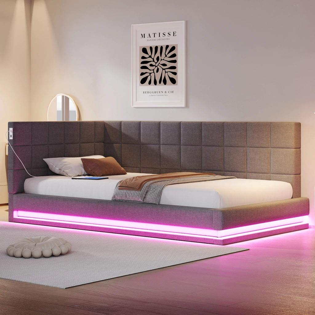 Divano letto 90 x 200 cm con LED multicolore via smartphone e USB, letto multifunzione in lino grigio con rete a doghe