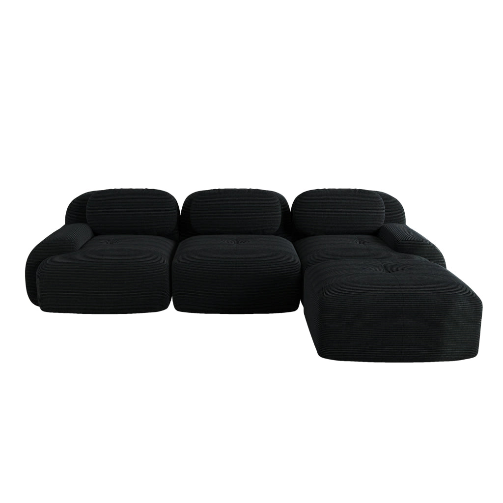 Divano angolare modulare senza montaggio con braccioli curvi ergonomici, in velluto a coste nero
