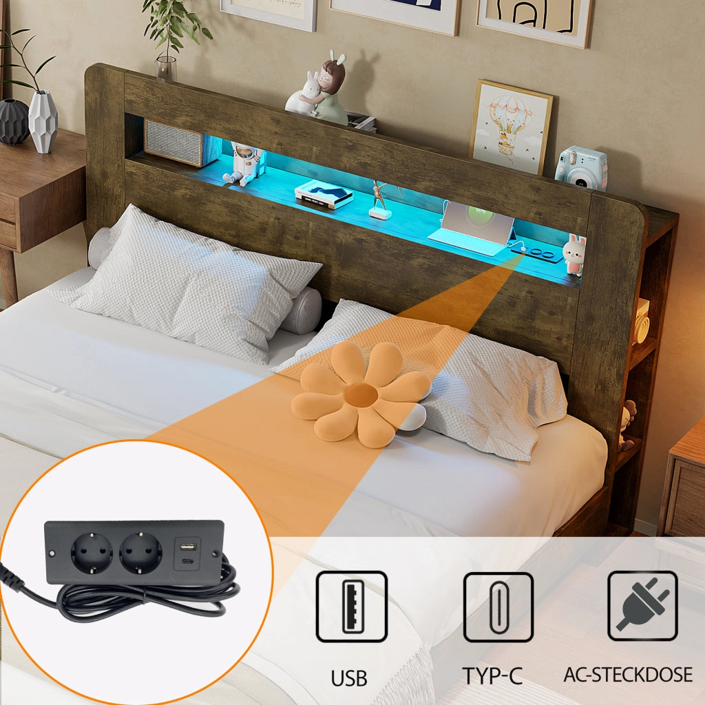 DESMIU Letto contenitore 180 × 200 cm 2 posti con LED, prese e vani portaoggetti, senza materasso, in legno, vintage