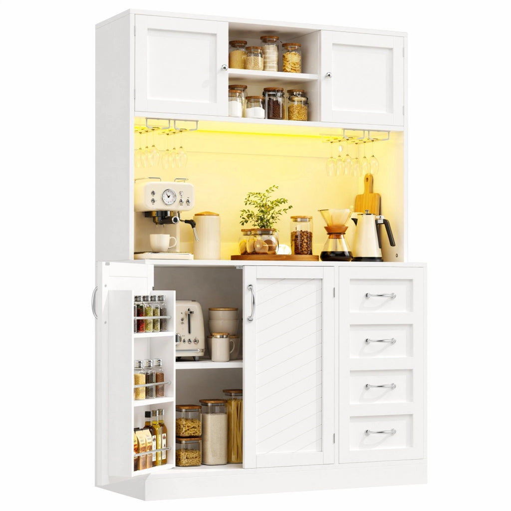Credenza alta 120x40x188 cm in MDF con LED, 4 ante, 2 cassetti e vani porta bottiglie per cucina