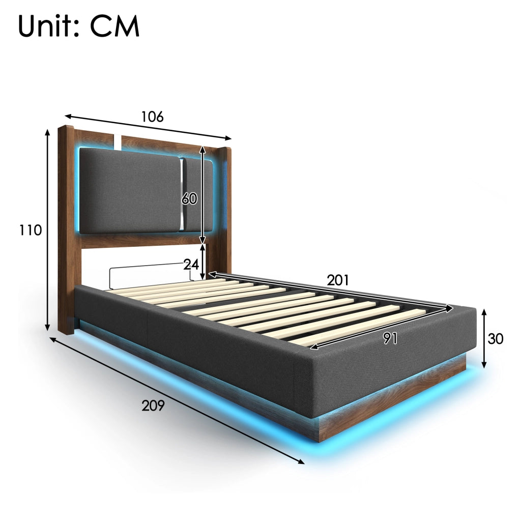 Letto singolo 90x200 cm con testiera imbottita in lino grigio, contenitore con sistema idraulico, LED integrati e rete a doghe in legno e metallo