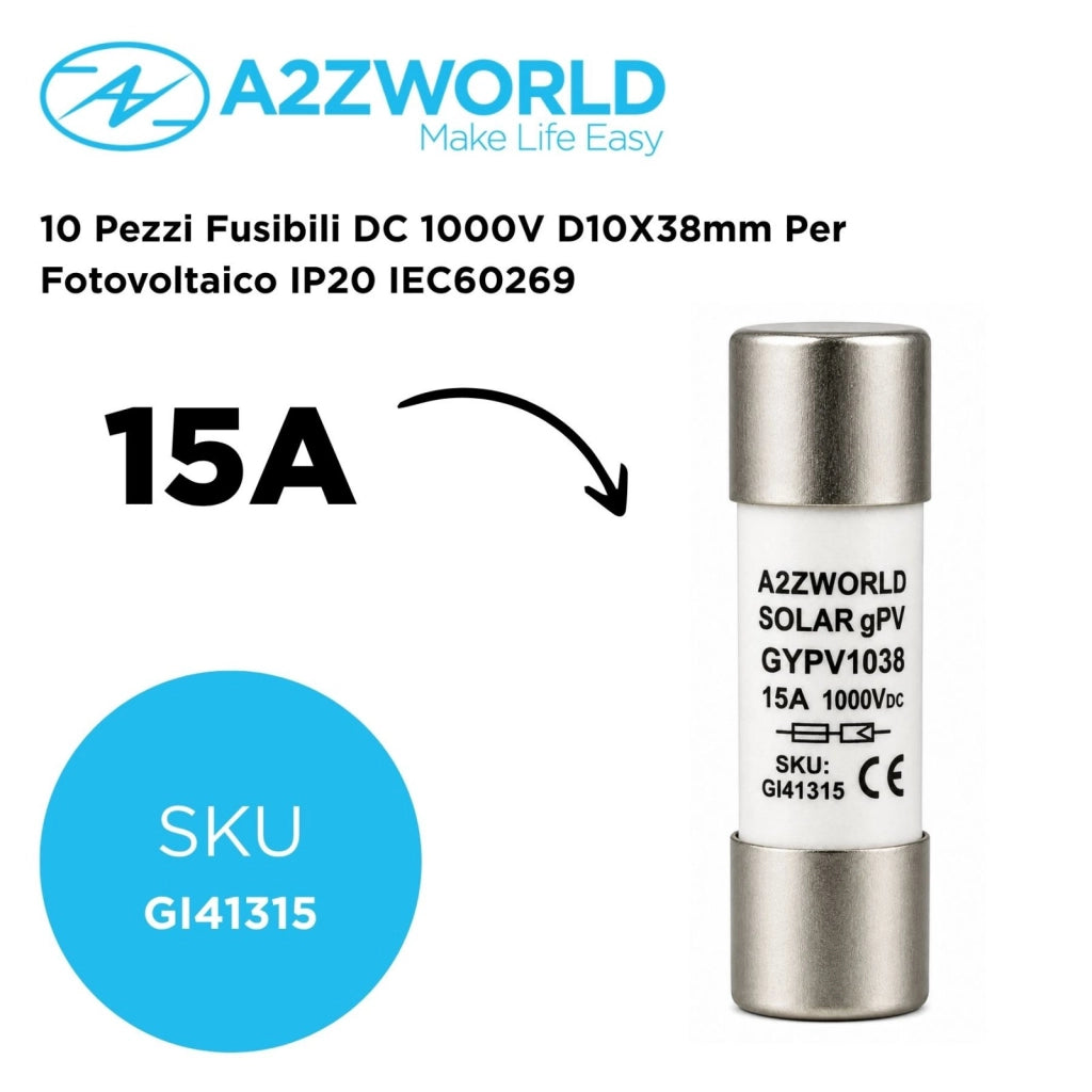 10 Pezzi Fusibili DC 1000V D10X38mm Per Fotovoltaico IP20 IEC60269, Disponibili 15A 20A 25A 30A (15A)