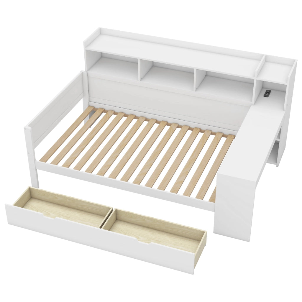 Letto Singolo 90 x 200 cm con USB; prese e 2 cassetti; scrivania in truciolare Bianco