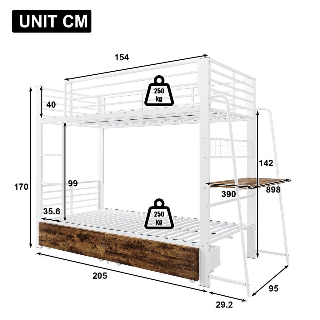 Letto a Soppalco 90x200 cm, con Cassetti - in MDF e Metallo - Nero e Noce Scuro