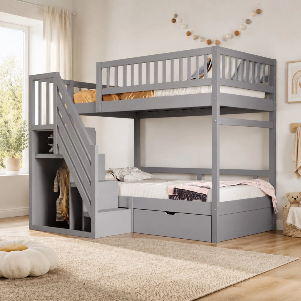 Letto a castello 90x200 cm in pino, compensato e MDF grigio con scale contenitore