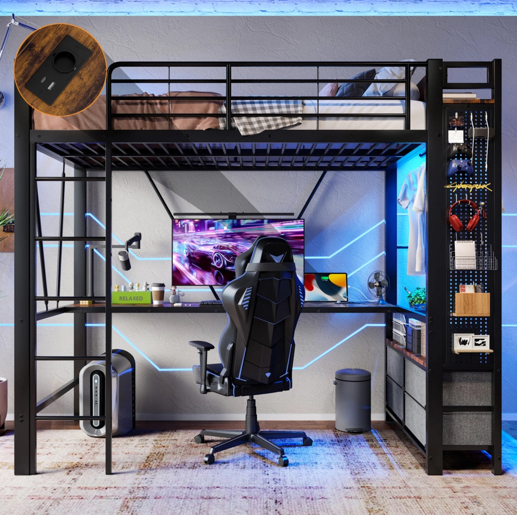Letto a soppalco 90 x 200 cm con scrivania, LED, cassetti e prese