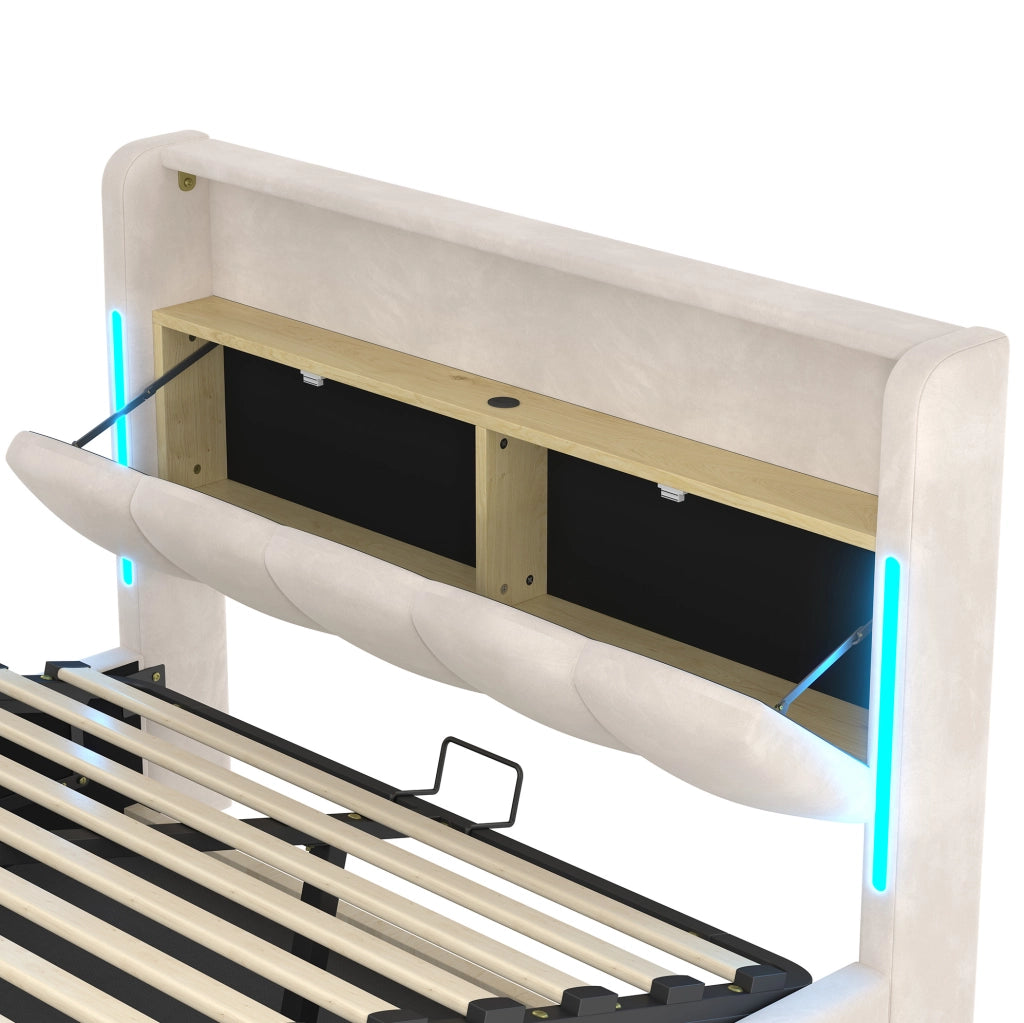 Letto matrimoniale imbottito 140x200 cm in velluto beige con LED; contenitore e porte USB Type-C