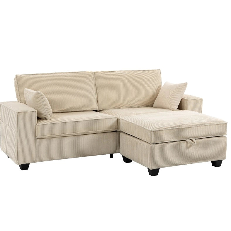 Divano modulare 3 posti in velluto a coste beige con pouf contenitore