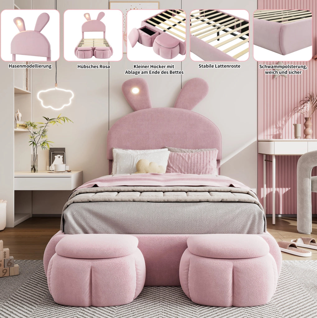 Letto imbottito singolo rosa con orecchie di coniglio e luci LED