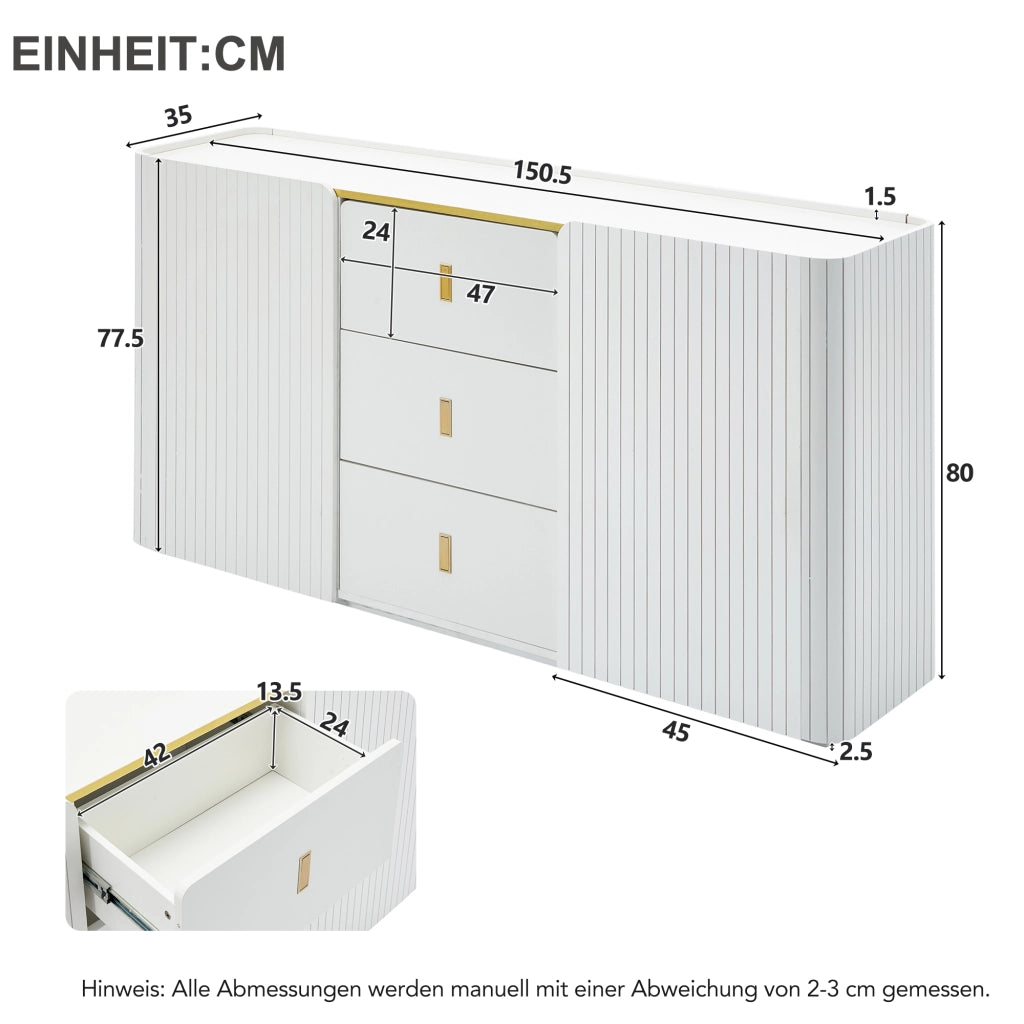 Credenza e madia con LED Bluetooth, 2 ante e 3 cassetti, per soggiorno e cucina, in truciolare bianco, 150 × 35 × 80 cm