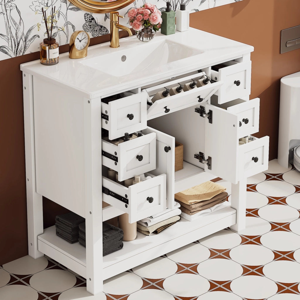 Mobile sottolavabo autoportante con lavabo in ceramica 6 cassetti anta doppia ripiano MDF bianco 91,5 × 46,5 × 90 cm