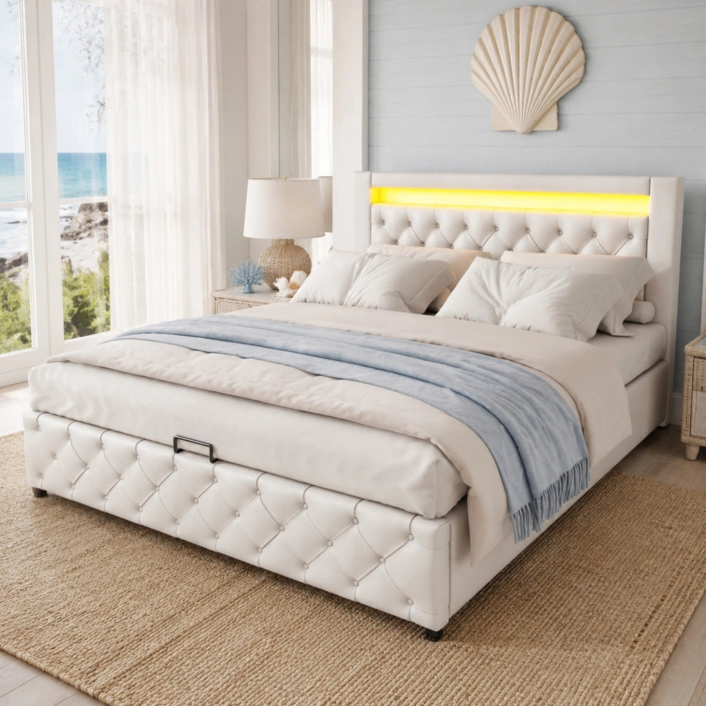 Letto matrimoniale imbottito 160 × 200 cm con contenitore LED in PU bianco rete a doghe e testiera alta