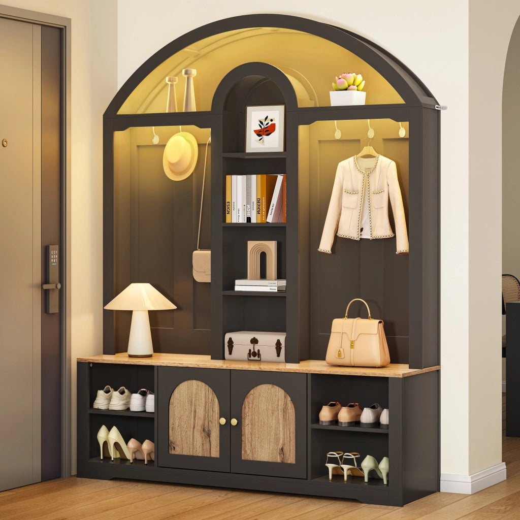 Mobile da ingresso con 2 ante, 3 ripiani aperti e ganci, illuminazione LED per corridoio, in MDF nero, 150 × 40 × 195 cm