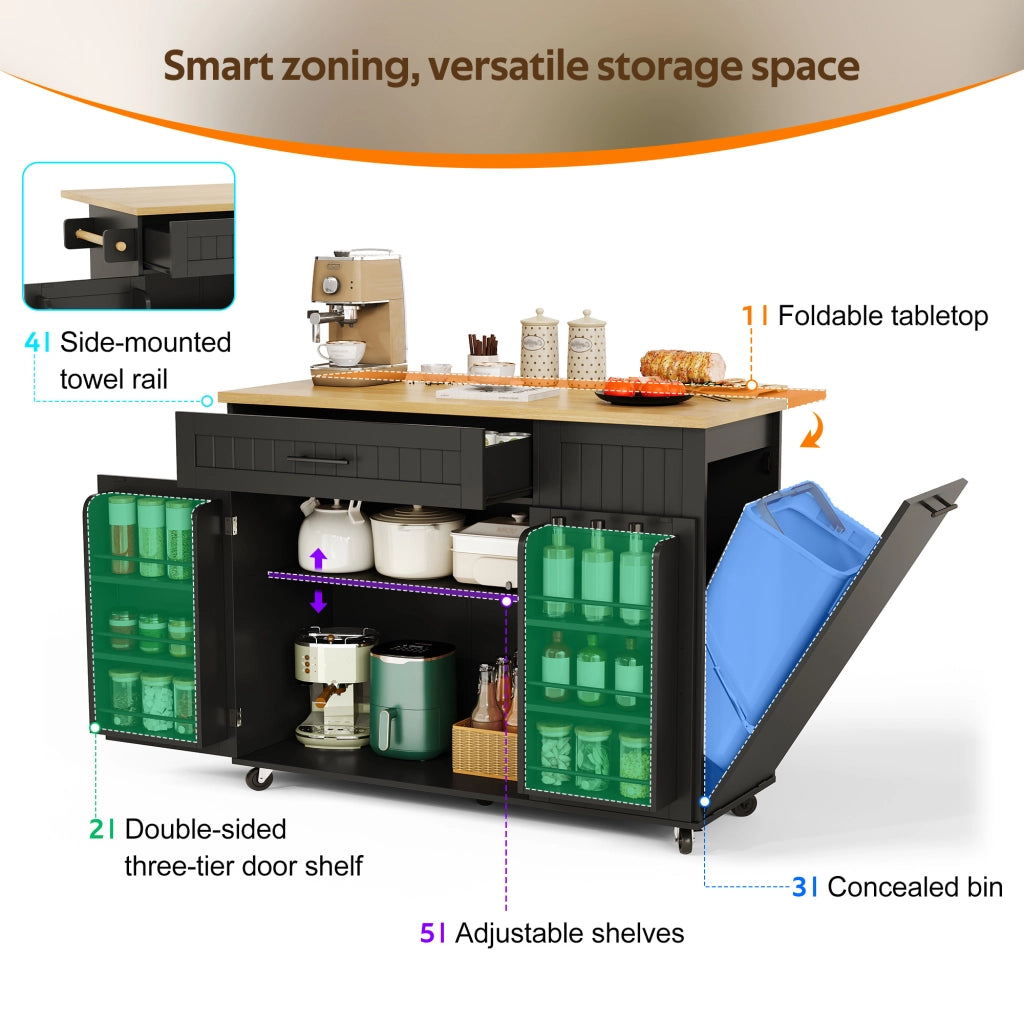 Mobile base da cucina con piano pieghevole; vano pattumiera; cassetto e ruote bloccabili nero 130 × 70 × 93 cm