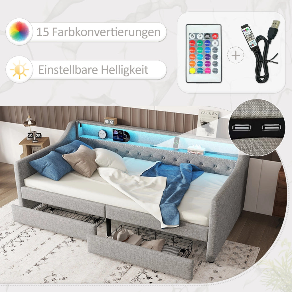 Letto divano singolo 90 × 200 cm con 2 cassetti; USB e LED regolabile; senza materasso; in lino; grigio