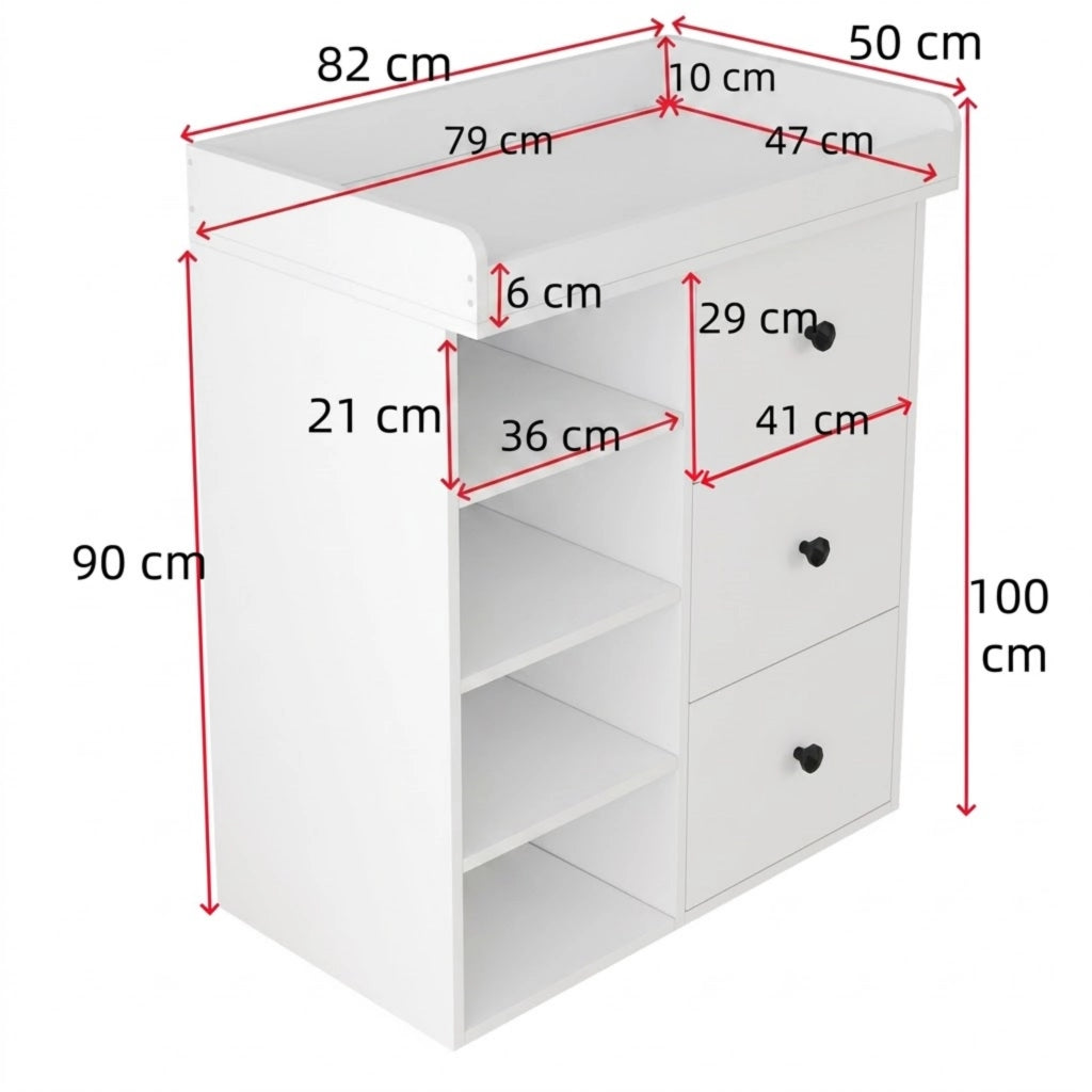 Fasciatoio 2 in 1 con sponda rimovibile; cassetti e vani laterali aperti; MDF bianco e maniglie nere