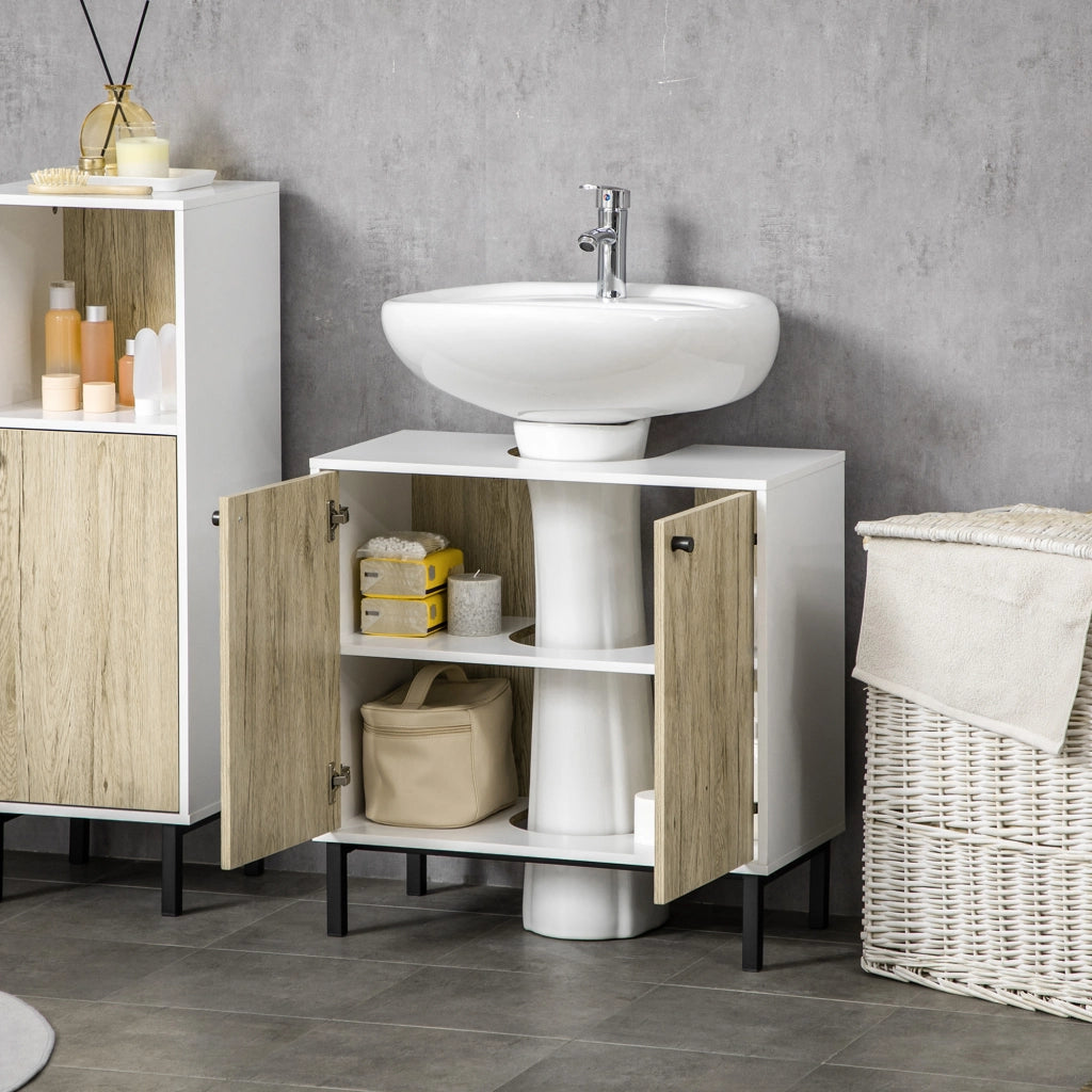 Mobile Bagno Sotto Lavabo 2 Ante con Ripiano in Truciolato e Acciaio ¨C Minimal ¨C Bianco Rovere 60x30x60 cm
